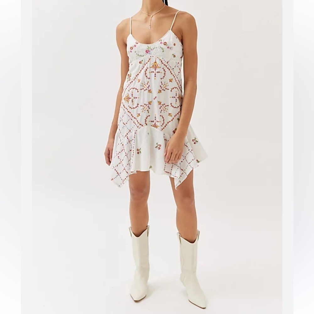 Urban outfitters  White Sienna Embroidered Hanky Hem Mini Dress
